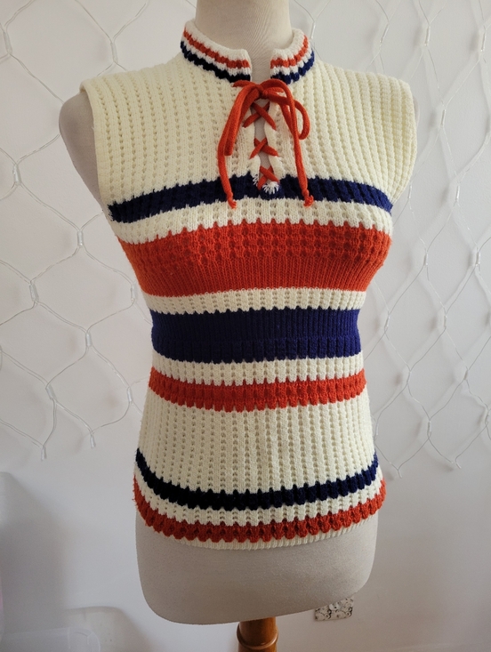 Vintage Tops - Vintage Woman's Knit Muscle Top •  Tie-Neck Cream, Red & Navy • Estimates Small